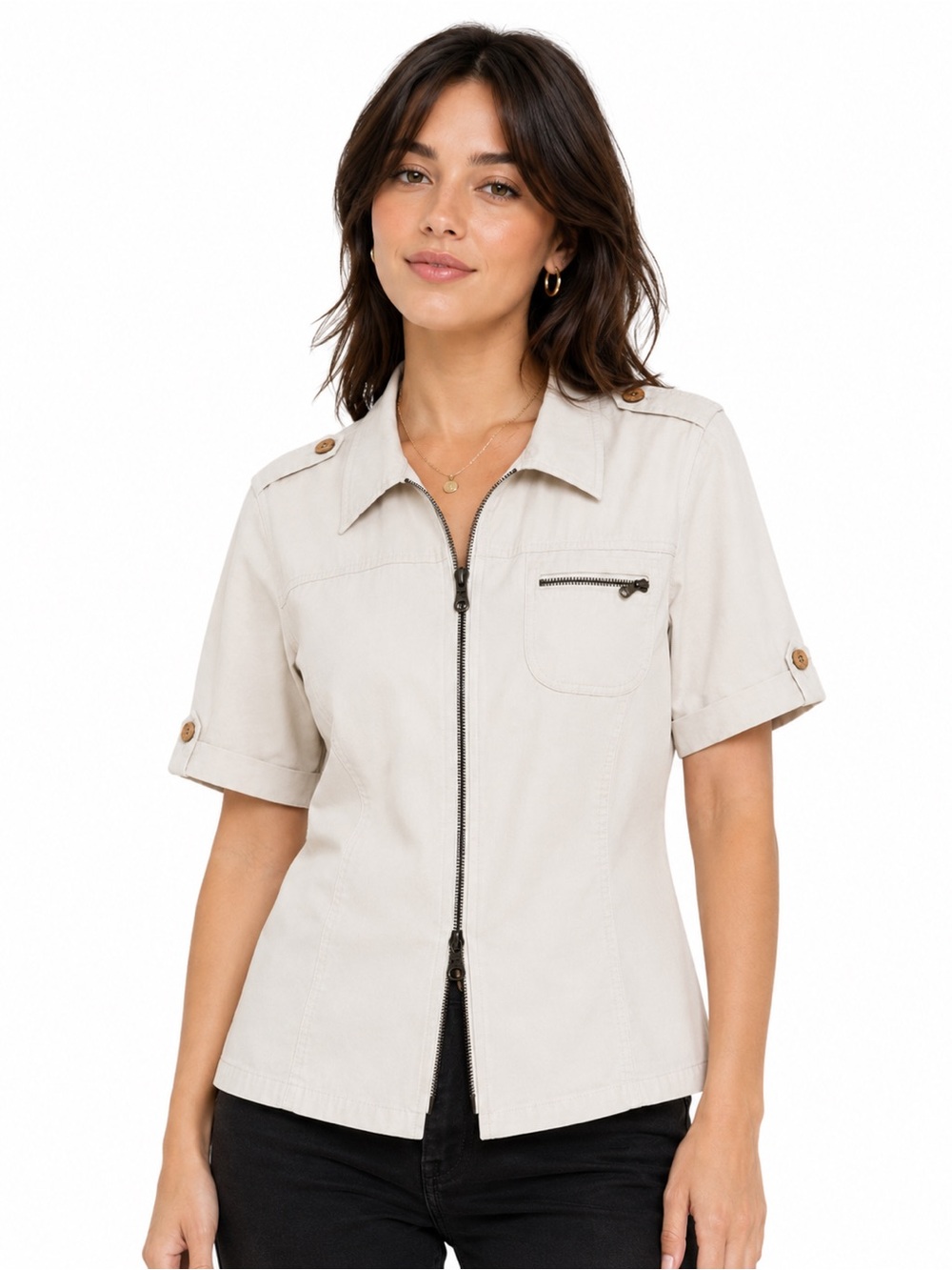 Vintage Spanner Short-Sleeve Zip Front Safari-style Blouse - Beige